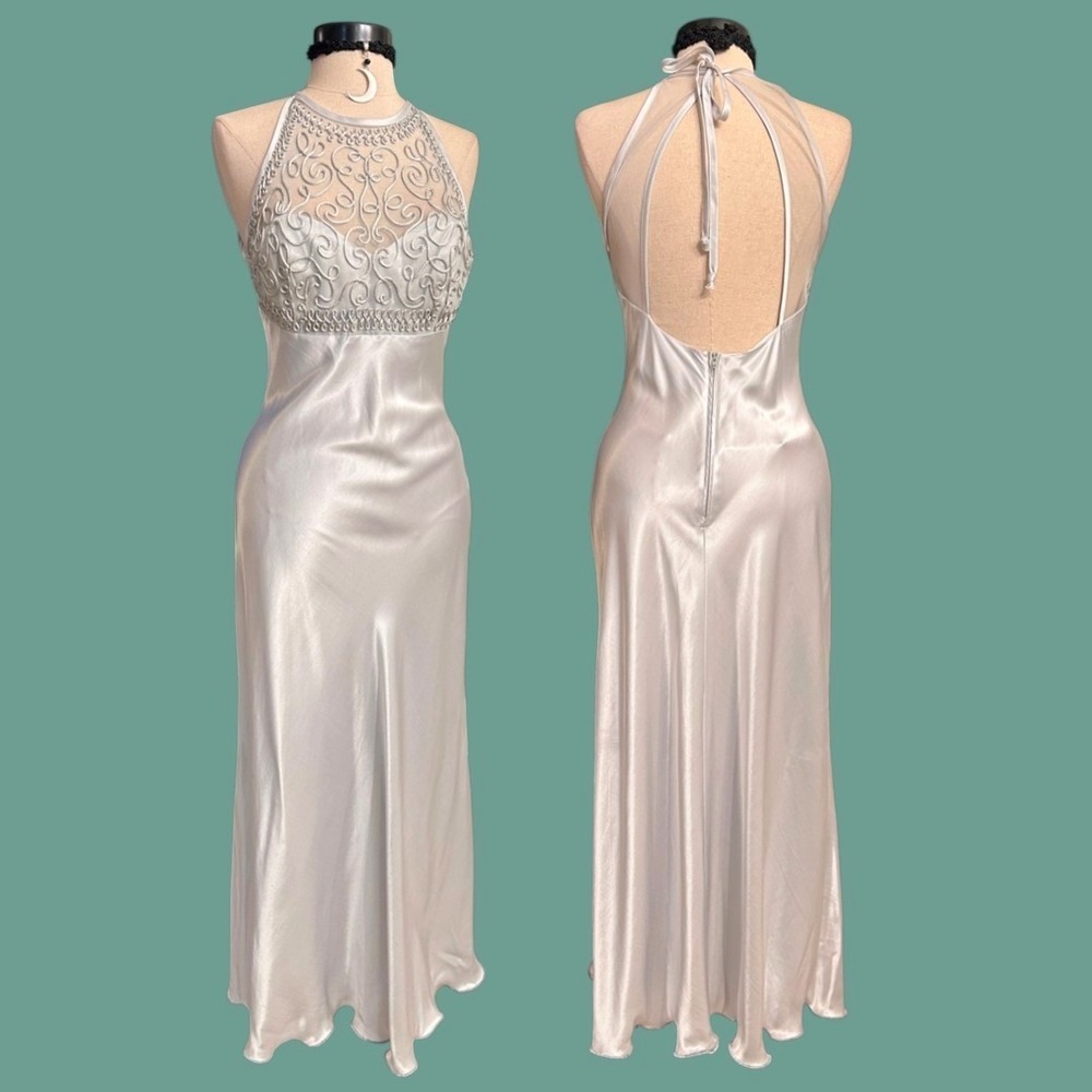 Vintage 90s Y2K Prom Formal Silver Satin Midi Dress Gown small Fairycore